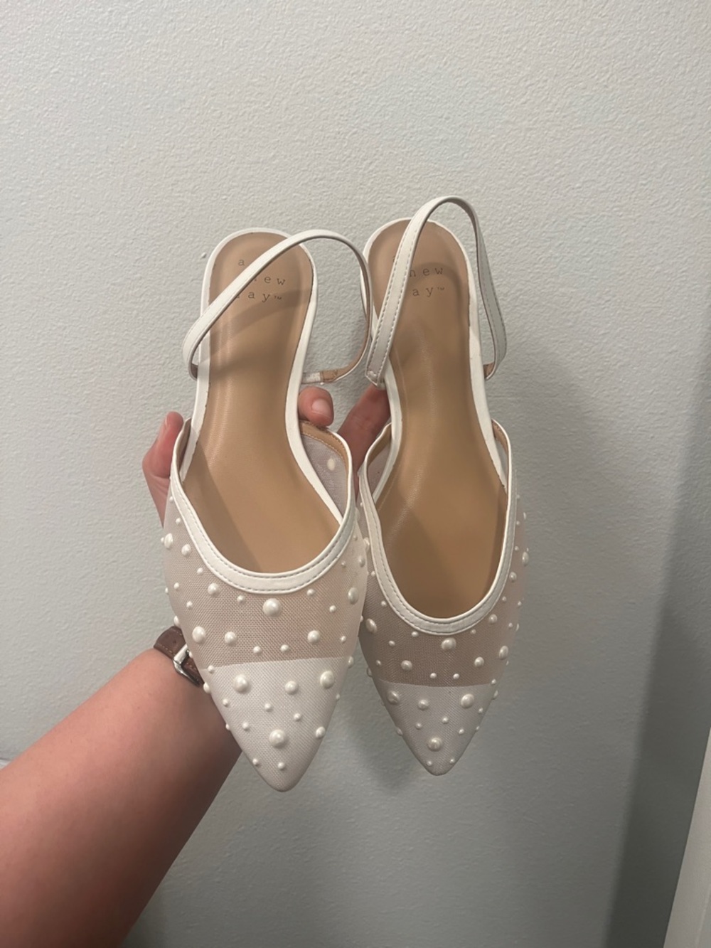 new day White Pearl-Studded Mesh Slingback Flats